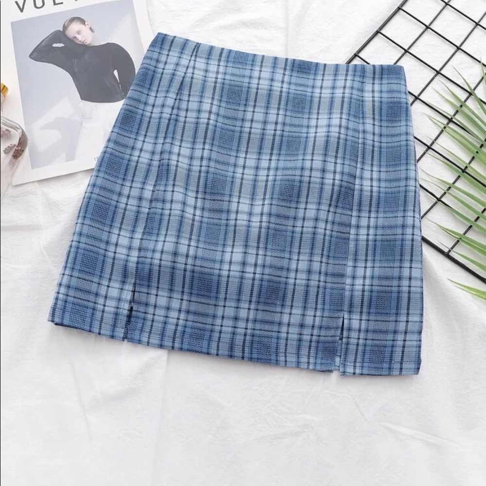 Shein Plaid Slit Mini Skirt in Blue